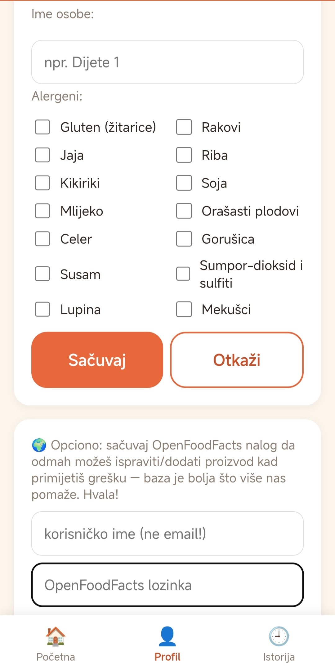 Forma za dodavanje osobe sa alergenima