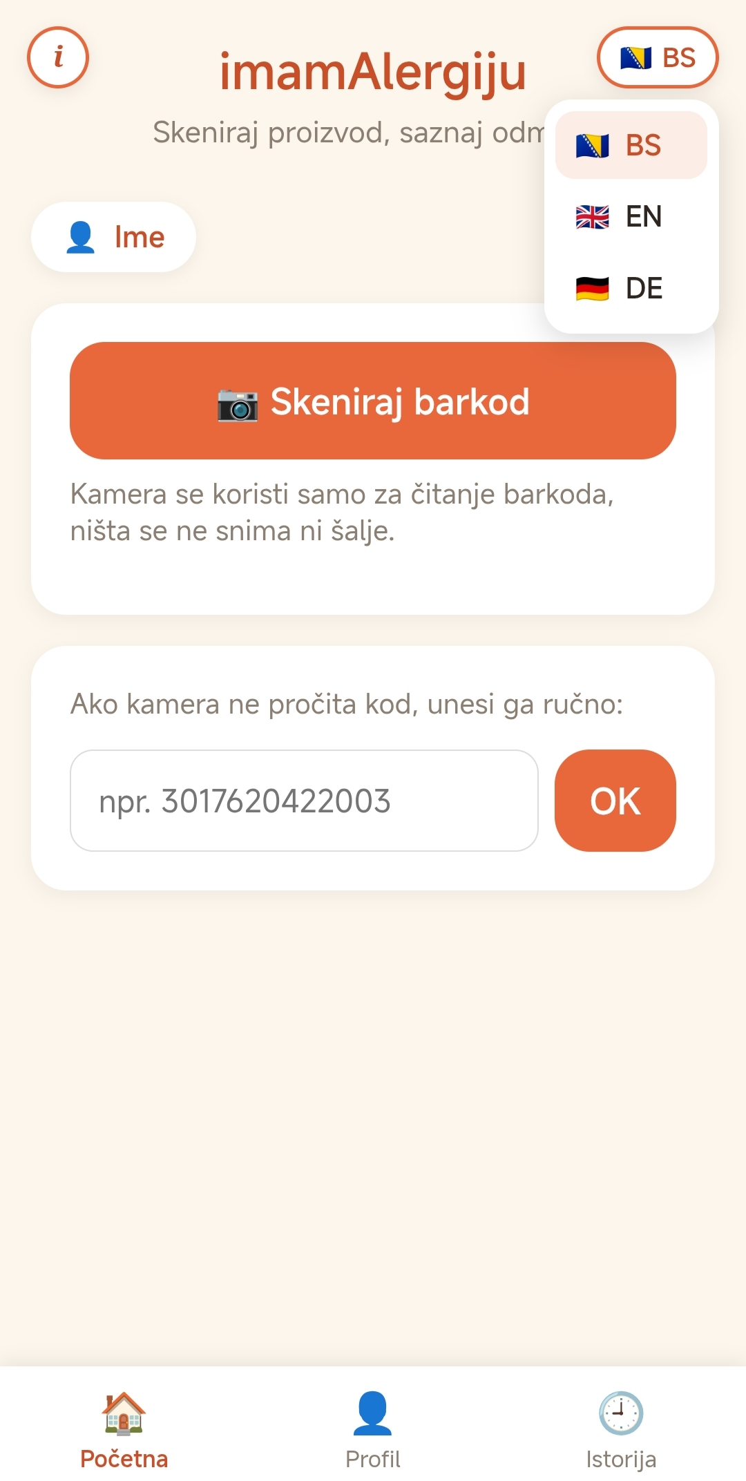 Padajući meni za izbor jezika
