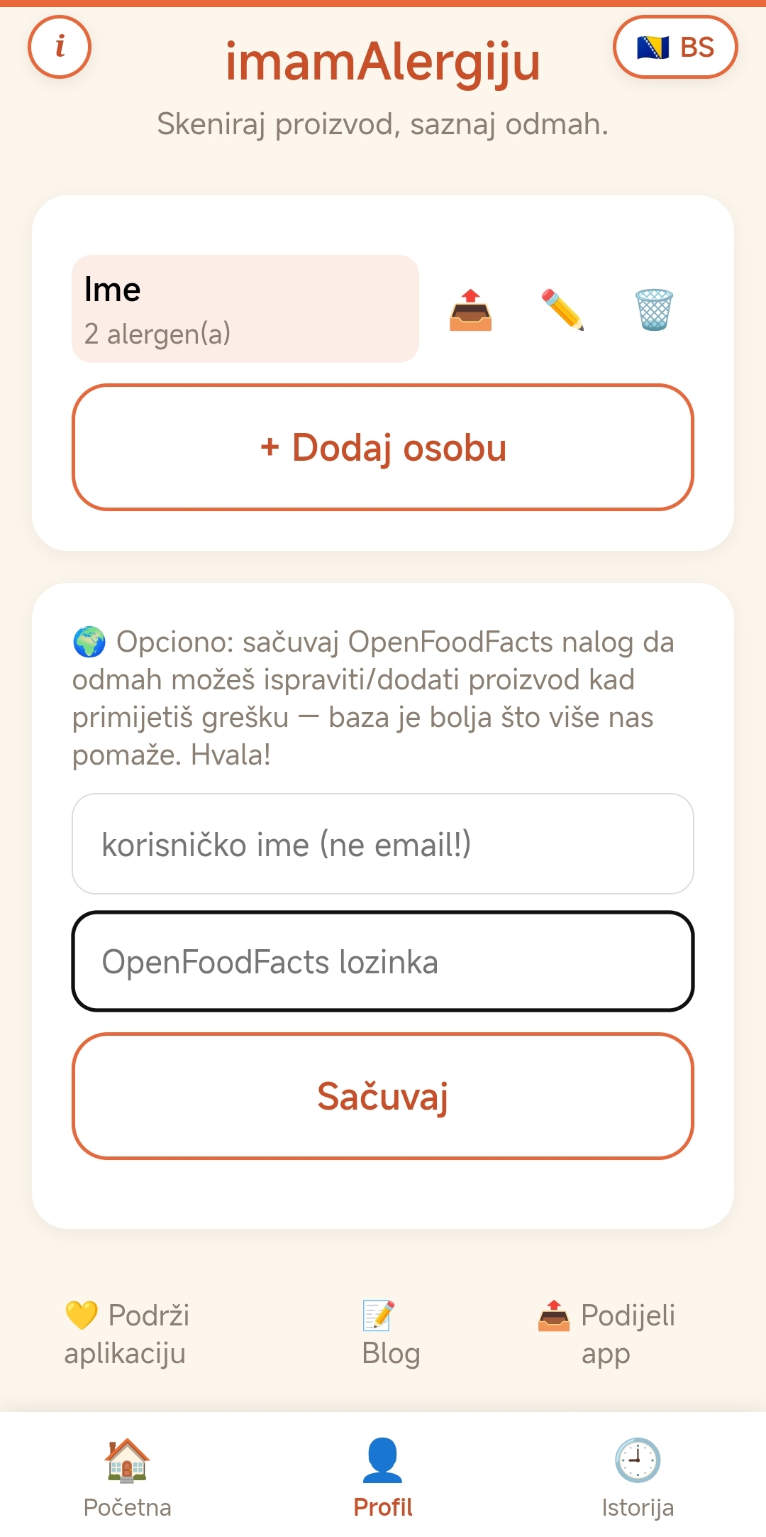 Profil tab sa listom osoba